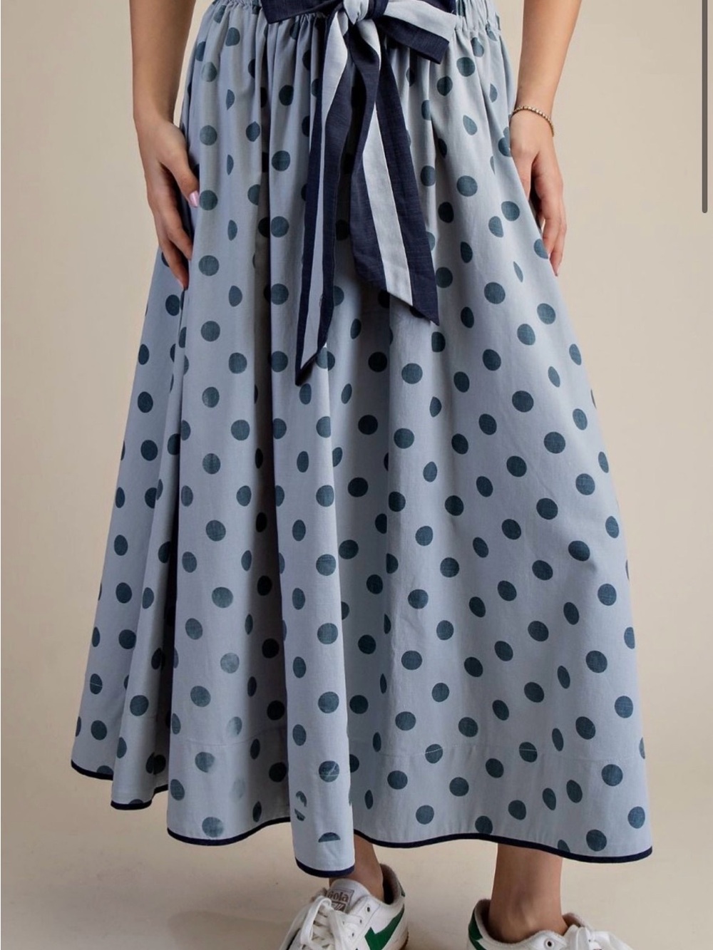 easel Light Blue Midi Skirt with Navy Polka Dots and Tie